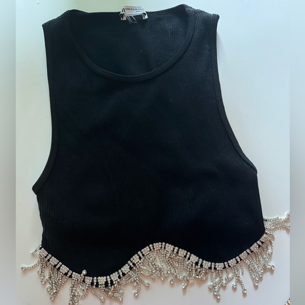 Black cropped sleeveless tank with rhinestone fringe